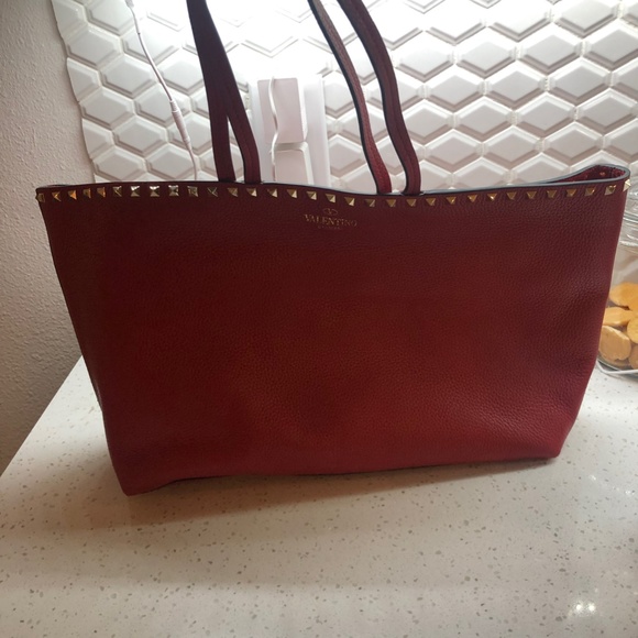 Valentino Garavani Handbags - Red Valentino Rockstud Grainy Calfskin Tote Bag